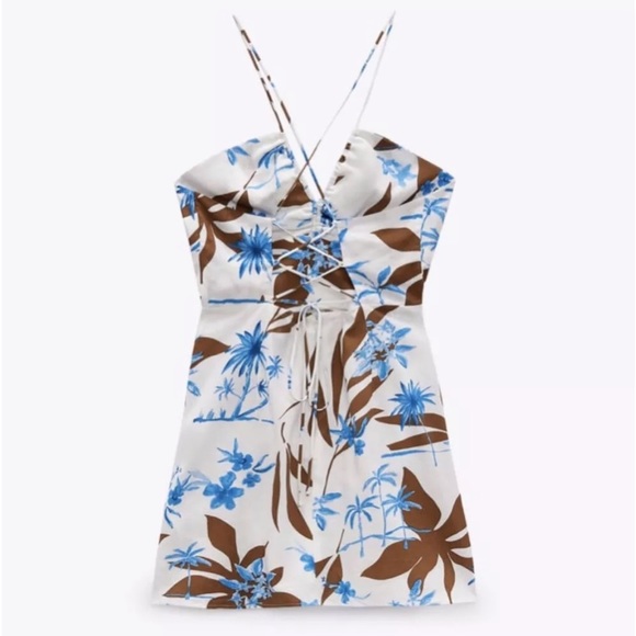 NWT Zara Tropical Print Mini Dress Linen Blend Sundress - Picture 6 of 13